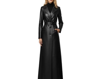 Women’s Long Leather Coat Black – Leather Trench Coat Women, Full Length Leather Coat, Leather Duster Women, Maxi Leather Coat