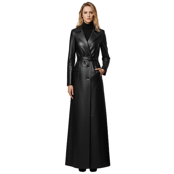 Women’s Long Leather Coat Black – Leather Trench Coat Women, Full Length Leather Coat, Leather Duster Women, Maxi Leather Coat