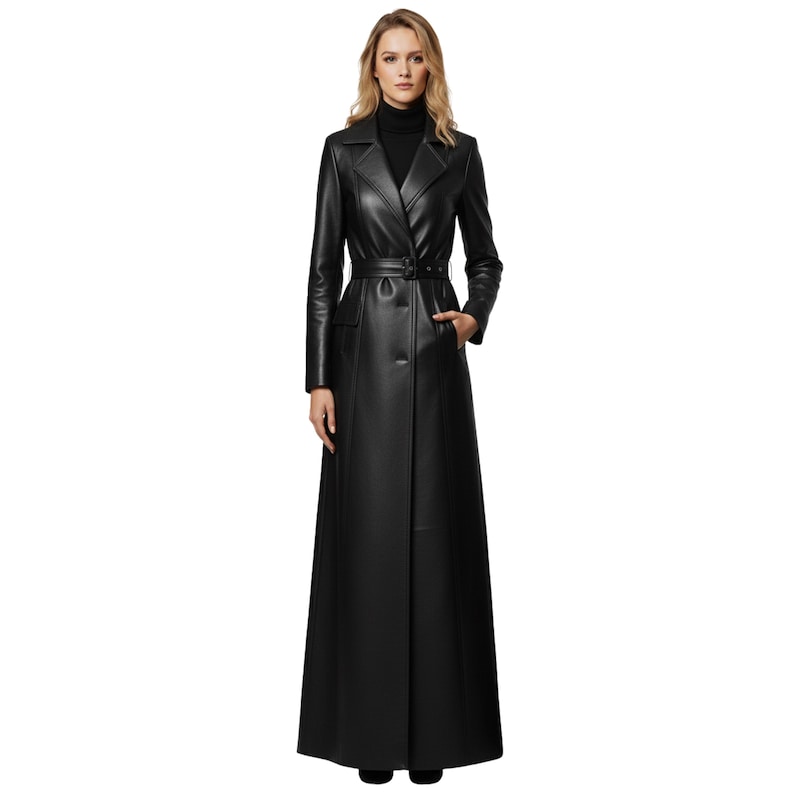 Handmade Genuine Real Leather Trench Long Coat Women – Full Length Leather Duster – Winter Black Maxi Overcoat | Personalized Gift for Her