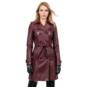 Handmade Burgundy Lambskin Leather Trench Coat - Elegant Women&#39;s Outerwear