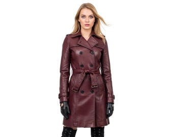 Trench in pelle di agnello color bordeaux fatto a mano - Elegante capospalla da donna