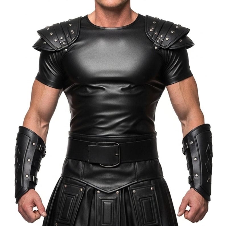 May include: Black leather-like gladiator-style outfit. The ensemble includes a short-sleeved top with studded shoulder pads, a wide belt, a pleated skirt, and matching arm cuffs. The outfit is designed with a focus on detail and texture.
