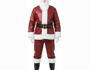 Disfraz de Papá Noel de cuero para hombre: traje de Papá Noel de cuero rojo premium con cinturón y gorro / Traje navideño / Disfraz de cosplay festivo