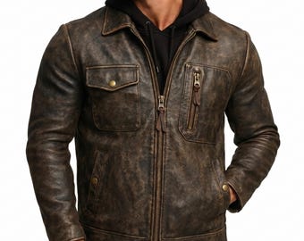 Distressed Leather Jacket Men, Handmade Vintage Biker Coat, Christmas Gift for Him