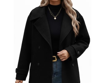 Abrigo cruzado de lana de doble botonadura de primera calidad para mujer – Elegante abrigo de invierno – Chaqueta de invierno clásica negra con solapa – Artículos personalizados