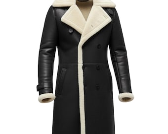 Leather Trench Coat for Men | Black Leather Long Coat | Handmade Genuine Leather Shearling Jacket | Long Overcoat | Gift for him