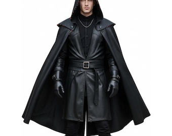 Conjunto de capa y guerrero de cuero con capucha para hombre: disfraz medieval, renacentista, cosplay de fantasía, rol en vivo y Halloween. El mejor regalo.
