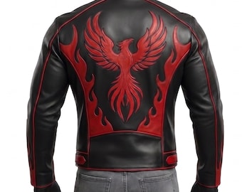 Phoenix Leather Jacket Men, Flame Embroidered Biker Jacket, Genuine Black Red Motorcycle Streetwear Gift