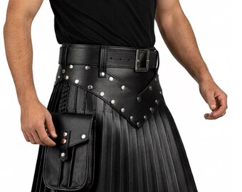 Falda escocesa utilitaria de cuero negro hecha a mano – Falda para hombre estilo gótico punk steampunk / Gladiador vikingo medieval