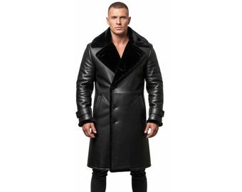 Handmade Real Black Leather Jacket for Men | Lambskin Leather Jacket with Fur | Trench Coat Vintage Steampunk Style | Best gift for Him