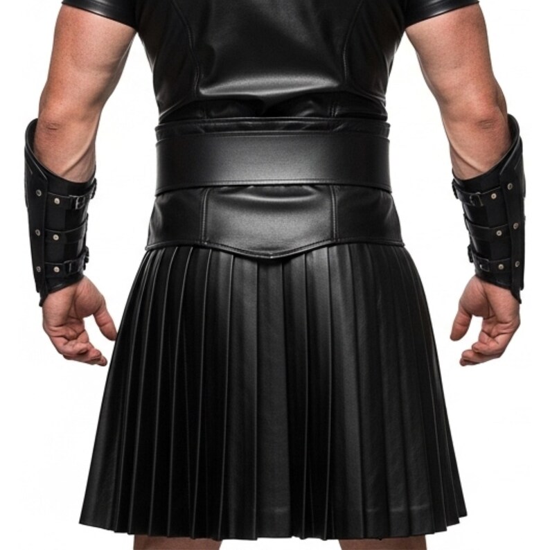 May include: Black leather kilt with pleated design, wide belt, and matching arm cuffs. The cuffs have multiple straps and metal hardware. The outfit is made of a shiny, faux leather material.