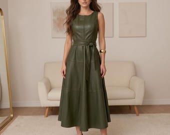 Women's Genuine Sheep Leather Midi Dress, A-Line Belted Sleeveless, Olive Green Fall Party Outfit
