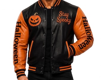 Halloween Leather Jacket Men Pumpkin Varsity Black Orange Costume Letterman Coat Spooky Bomber Outfit