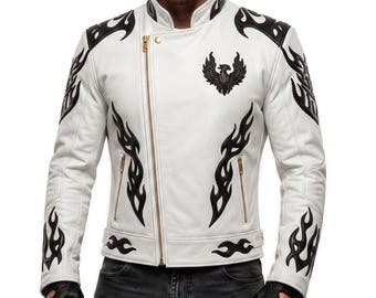 Phoenix Leather Jacket Men White Black Tribal Flame Racing Biker Motorcycle Streetwear Gift for Him
