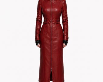 Womens Long Red Leather Coat Dress Gothic Steampunk Bodysuit Halloween Costume Genuine Sheep Leather