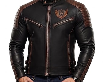 Mens Black Sheep Leather Jacket embroidered LA Wing Shield Snap Collar Quilted Biker Gift