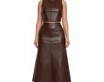 Brown Genuine Lambskin Leather Midi Skirt with Top | High-Waisted A-Line Pencil Skirt Women | Two-Piece Office Wear Dress | Gift for Her