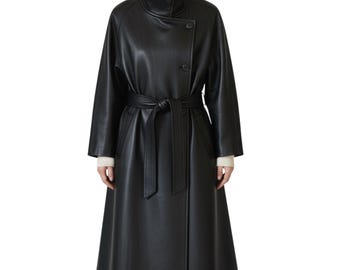 Black Sheepskin Leather Trench Coat for Women - Handmade Long Leather Jacket - Custom Fit Luxury Overcoat