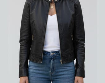 Handmade Black Leather Jacket Womens | Biker Moto Jacket - Customized Gifts