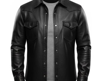 Camisa de piel de oveja negra hecha a mano, camisa estilo motociclista de corte ajustado, corte personalizado estilo motero