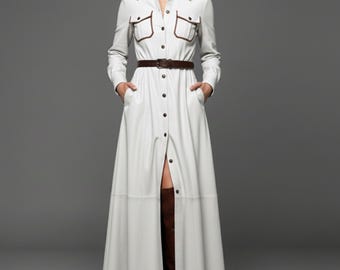 Vestido largo de cuero blanco de lujo - Vestido camisero de piel de oveja hecho a medida - Conjunto estilo gabardina para mujer - Regalo para esposa