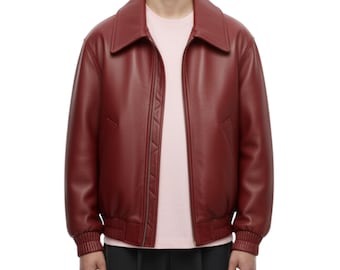 Oversized Red Leather Bomber Jacket | Unisex Handmade Genuine Leather Winter Jacket Loose Fit Leather Coat | Gift for Him