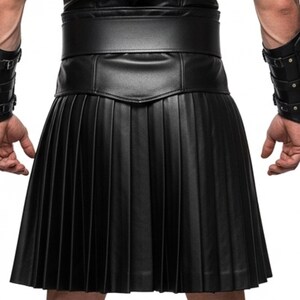 May include: Black leather kilt with pleated design. The kilt features a wide waistband and a knee-length hemline. The garment is made of a smooth, matte leather material.