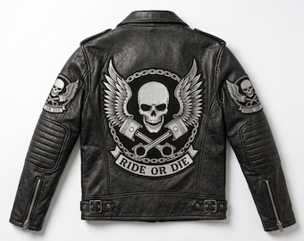 Men's Genuine Sheep Leather Biker Jacket Skull Wings Ride or Die, Punk Moto Coat