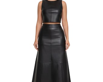 Handmade Black Genuine Leather A-Line Midi Skirt - High Waist Skirt & Matching Top - Custom Made