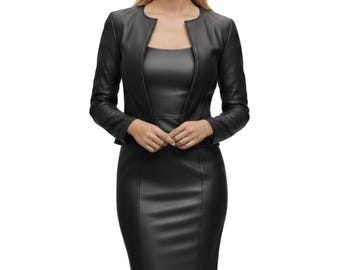 Conjunto de chaqueta y vestido de piel de oveja para mujer, hecho a mano, para oficina o para el trabajo corporativo. Artículos personalizados como regalo.