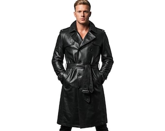 Handgefertigter schwarzer langer Mantel aus echtem Leder für Herren - Custom Fit Trenchcoat | Vintage Moto-Stil | Premium handgefertigtes personalisiertes Geschenk