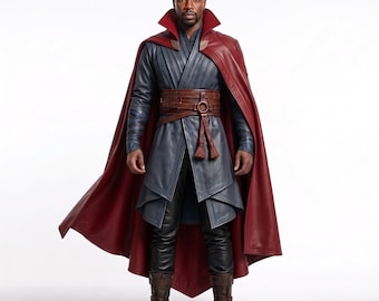 Superhero Inspired Leather Robe Costume, Sorcerer Wizard, Renaissance Red Cape, Custom Cosplay Halloween Gift