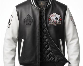 Poker Casino Bomber Jacket, Men's Custom Cow Leather Coat, High Roller Personalized Gift for Him