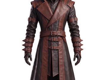 Men's Handmade Leather Trench Coat, Steampunk Assassin Duster, Gothic Cosplay Costume Long Overcoat