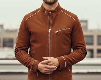 Handmade Coffee Brown Leather Biker Jacket, Shearling Lined Vintage Bomber Coat - Gift for Him