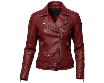 Chaqueta de motociclista de piel de vaca roja hecha a mano - Ajuste personalizable