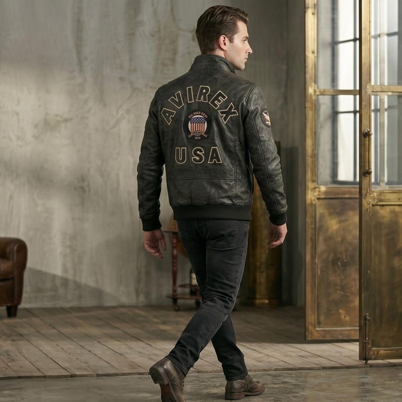 Mens Black Leather Bomber Jacket – Avirex Style Real Sheepskin Leather Flight Jacket for Men, Vintage American Biker Jacket, Lambskin Leather Coat