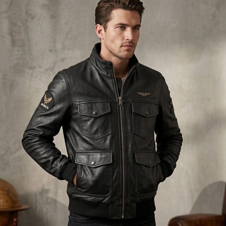 Mens Black Leather Bomber Jacket – Avirex Style Real Sheepskin Leather Flight Jacket for Men, Vintage American Biker Jacket, Lambskin Leather Coat