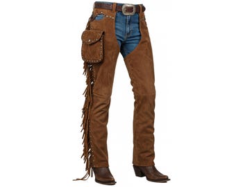 Leather Chaps for Men – Cowboy Fringe Leather Pants | Rodeo Riding Gear Pants | Handmade Vintage Western Wear | Festival Fringe Suit