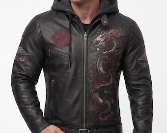 Men's Genuine Cowhide Leather Jacket, Dragon Embroidered Hooded Biker Jacket, Streetwear Motorcycle Gift for Him