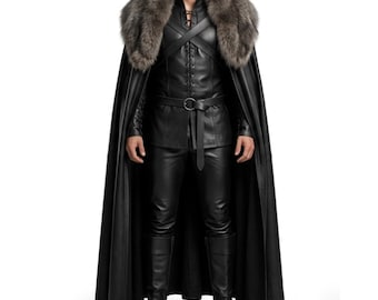 Mens Leather Cloak with Fur Collar | Medieval Viking Long Cape Coat for Cosplay, LARP & Halloween | Gothic Winter Warrior Costume Black