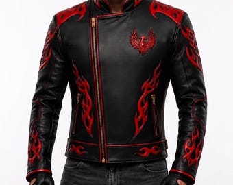 Phoenix Leather Jacket Men, Tribal Flame Racing Biker Coat, Black Red Motorcycle Streetwear Gift