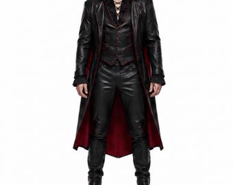 Mens Vampire Halloween Costume, Gothic Dracula Long Leather Coat Cosplay Gift for Him