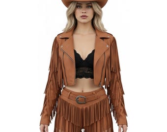 Conjunto de chaqueta y falda de cuero con flecos para mujer, hecho a mano. Traje de motociclista con borlas de ante estilo bohemio y vaquera occidental. Regalo personalizado.