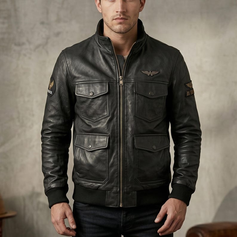 Mens Black Leather Bomber Jacket – Avirex Style Real Sheepskin Leather Flight Jacket for Men, Vintage American Biker Jacket, Lambskin Leather Coat