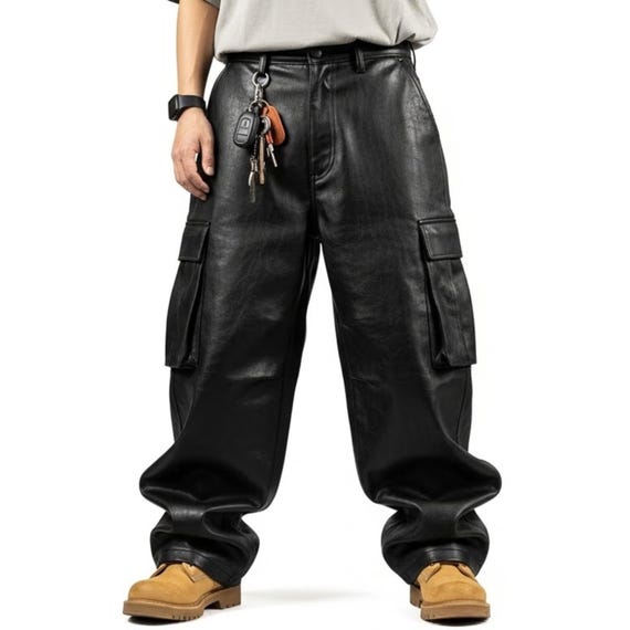 Mens Leather Cargo Pants – Handmade Black Custom Fit Leather