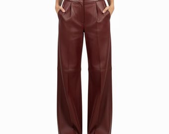 High Waisted Burgundy Womens Leather Pant - Wide Leg Genuine Sheepskin Trousers - Gift for Her