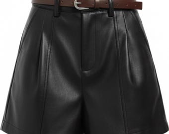 High Waisted Leather Shorts for Women - Handmade Genuine Leather Black Apricot Casual Outfit