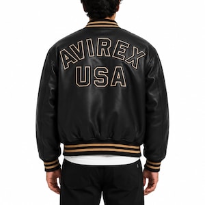 Mens Avirex Black Bomber Leather Jacket - Vintage American Moto Biker Jacket - Customized Gifts