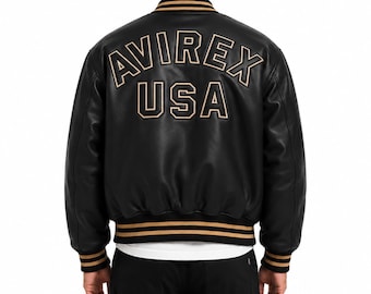 Mens Avirex Black Bomber Leather Jacket - Vintage American Moto Biker Jacket - Customized Gifts